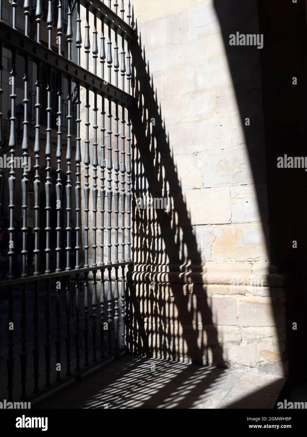 Bilbao, Spain - 8 September 2015; no people in view. Railings and shadows make abstract patterns outside Bilbao Cathedral in the Basque Country, Spain Stock Photo