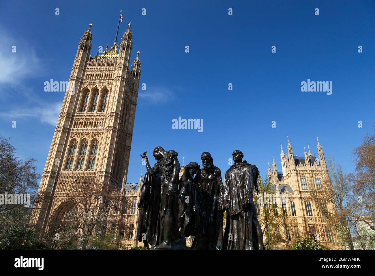 The Burghers of Calais is a famous bronze statue by the French sculptor, Auguste Rodin,which is located adjacent to the Houses of Parliament in London Stock Photo