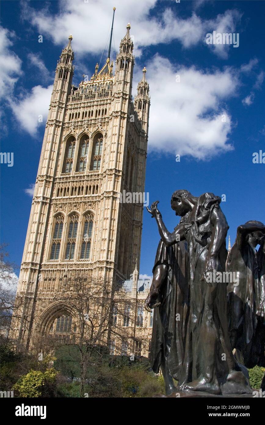 The Burghers of Calais is a famous bronze statue by the French sculptor, Auguste Rodin,which is located adjacent to the Houses of Parliament in London Stock Photo