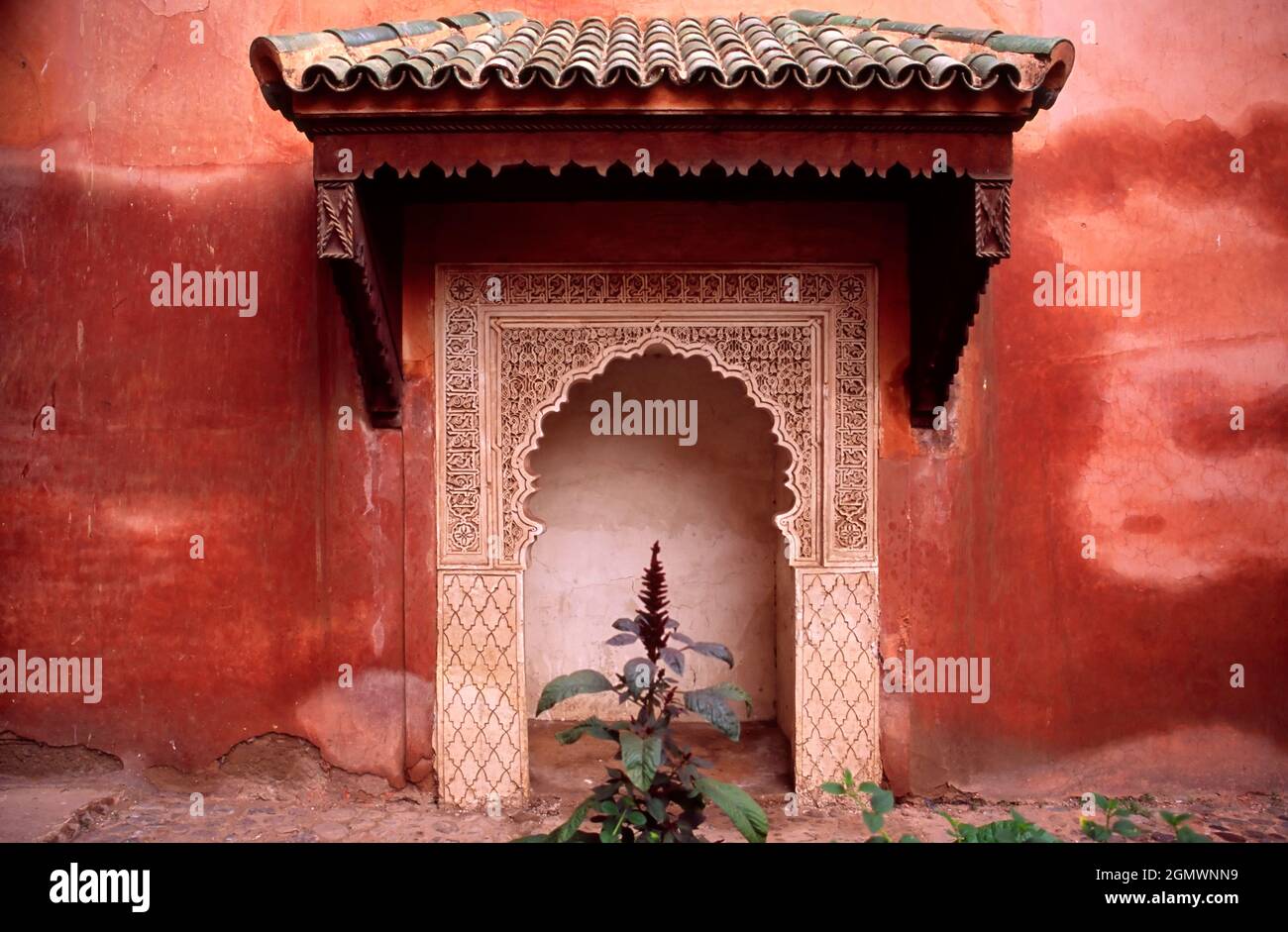 Marrakesh, Morocco - January 2004; The Saadian tombs in Marrakech date back to the time of the sultan Ahmad al-Mansur (1578-1603). This serene mortuar Stock Photo