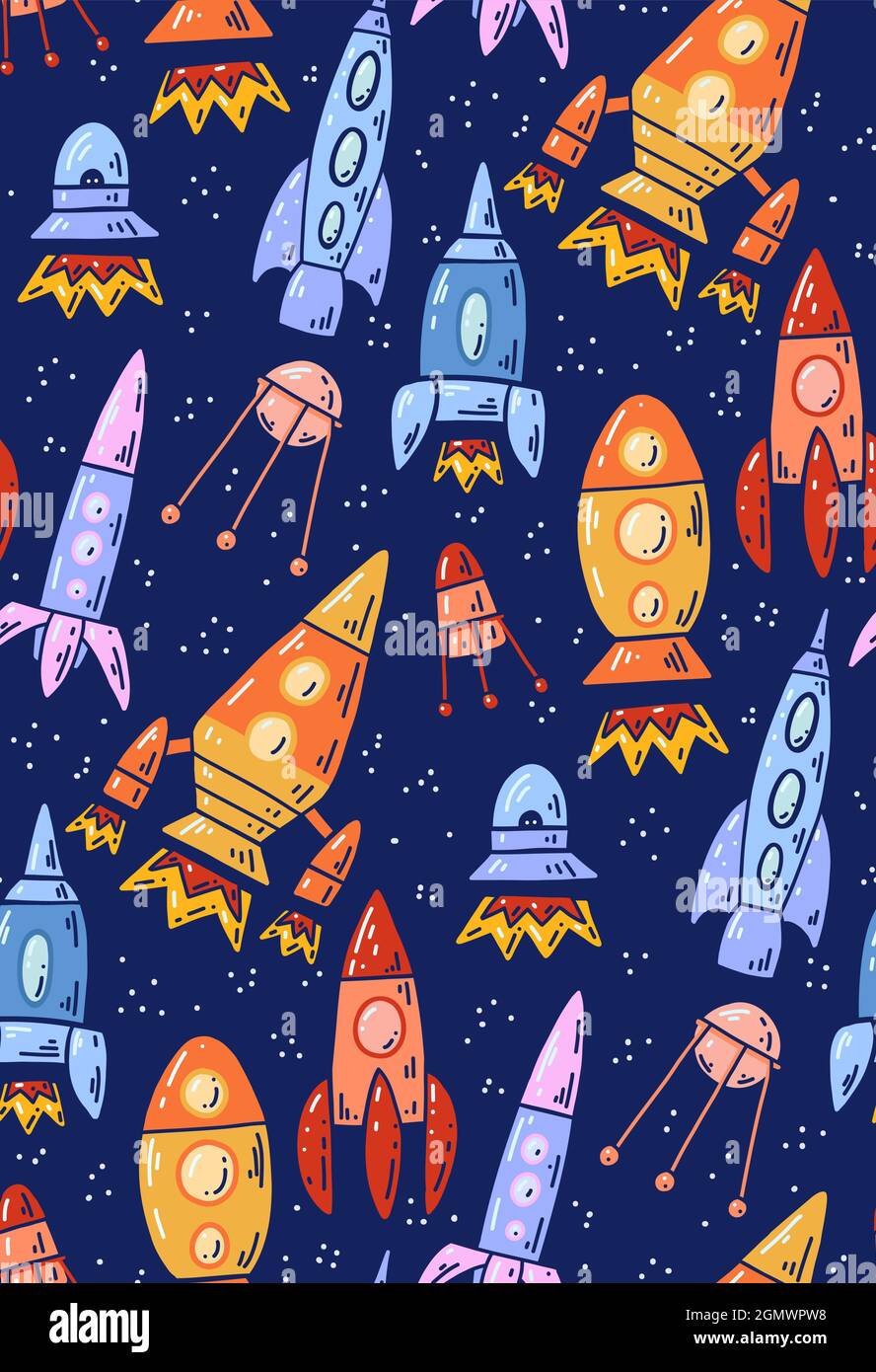 Seamless space texture with outline cartoon spaceships and dots on a dark  background. Vector pattern with contour space shuttle flying up. Wallpaper  u Stock Vector Image & Art - Alamy