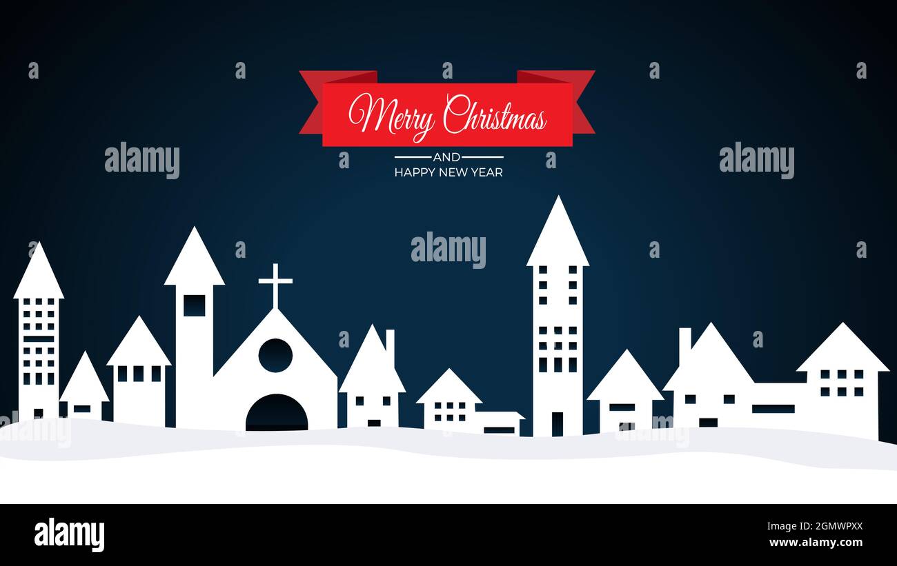 Night skyline of a mountain town with snow. A church and houses in silhouette. Christmas background, vector illustration for card and greeting Stock Vector