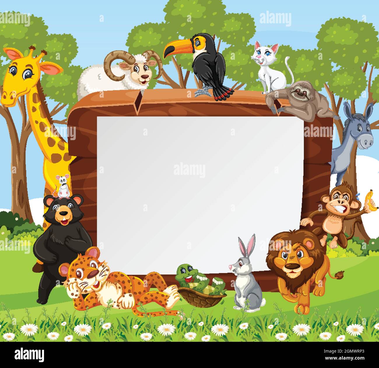 Empty wooden frame with various wild animals in the forest illustration ...