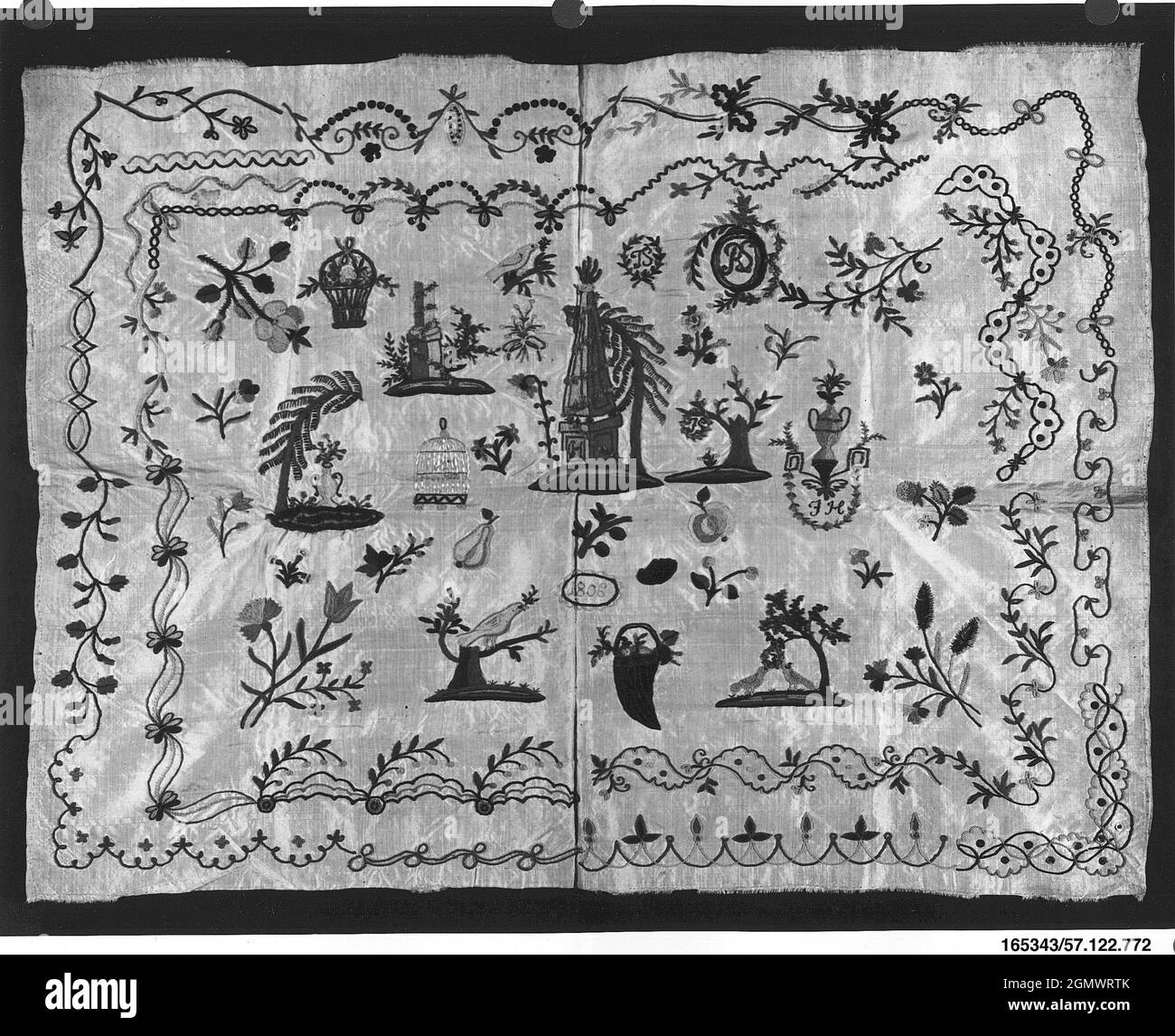 Sampler. Date: 1806; Culture: Austrian or German; Medium: Silk and metal thread on silk; Dimensions: H. 17 3/4 x W. 23 3/8 inches (45.1 x 59.4 cm); Stock Photo