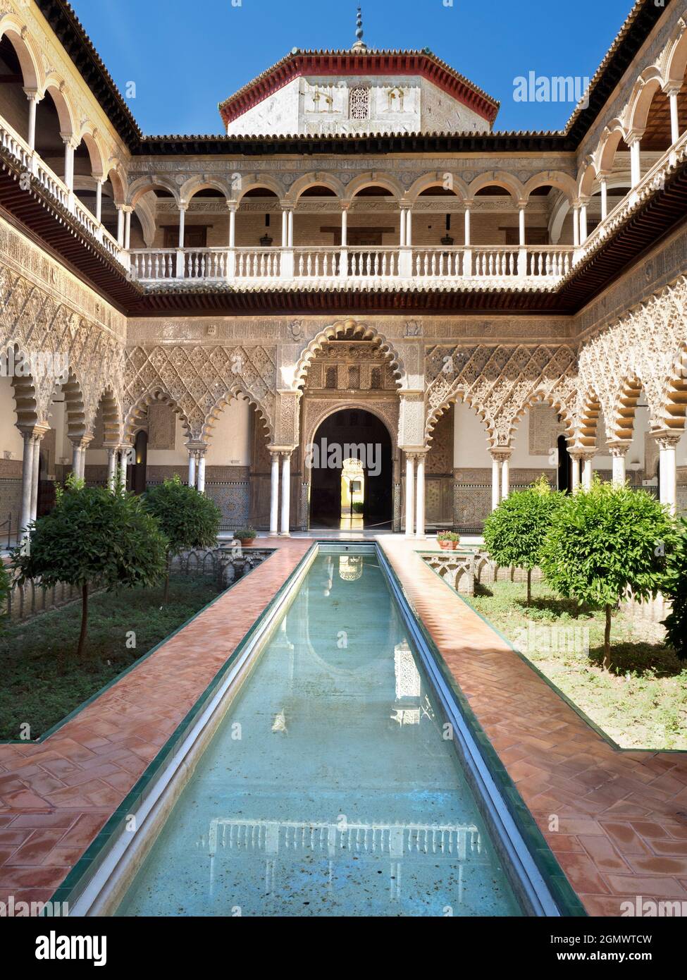 Seville, Spain - 18 July 2015; The Alcazar of Seville, Spain, is a beautiful and historic royal palace that was originally built by Moorish Kings in t Stock Photo