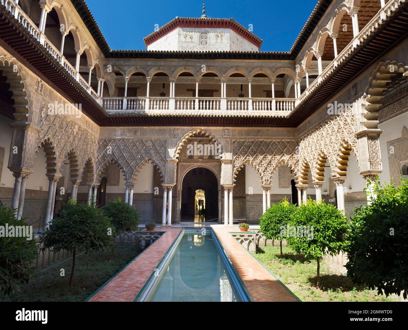 Seville, Spain - 18 July 2015; The Alcazar of Seville, Spain, is a beautiful and historic royal palace that was originally built by Moorish Kings in t Stock Photo