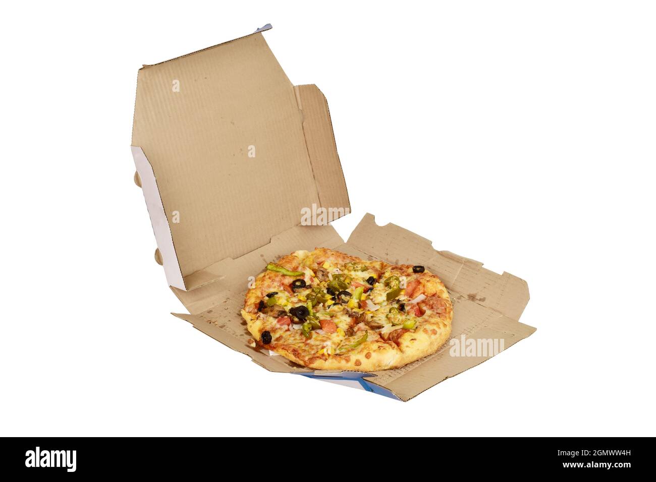 Pizza in Open Box Isolated on White Background with Clipping Path Stock Photo