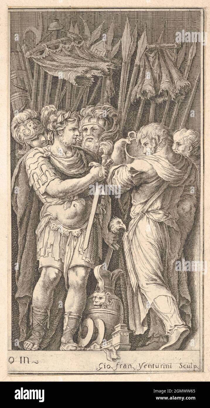 Soldiers, one shown frontally and holding a sword, at right a soldier