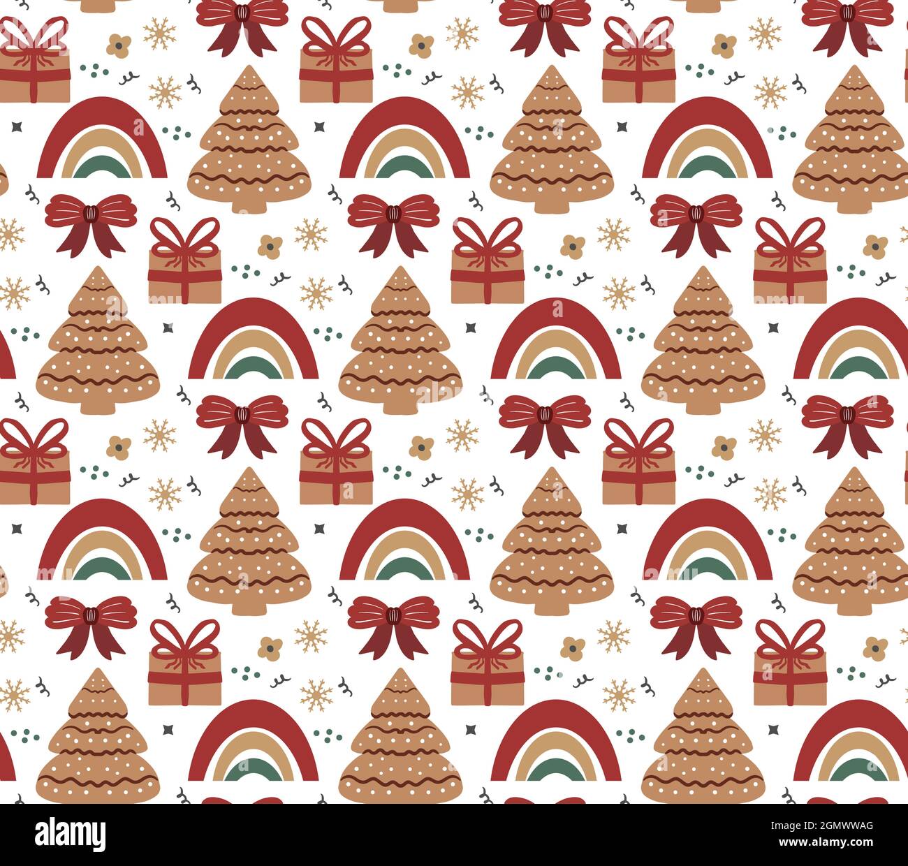 Merry Christmas Boho seamless pattern. Bohemian winter holiday repeating texture hand drawing style. Gingerbread, Snowflakes, Christmas tree. Vector Stock Vector