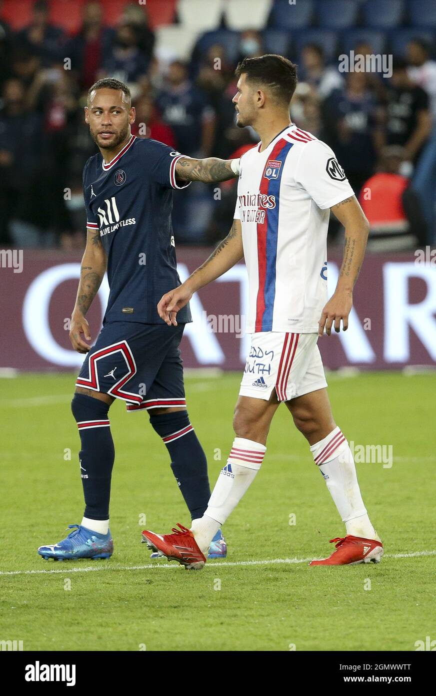 Neymar Jr of PSG salutes Bruno Guimaraes of Lyon following the French  championship Ligue 1 football match between Paris Saint-Germain (PSG) and  Olympique Lyonnais on September 19, 2021 at Parc des Princes