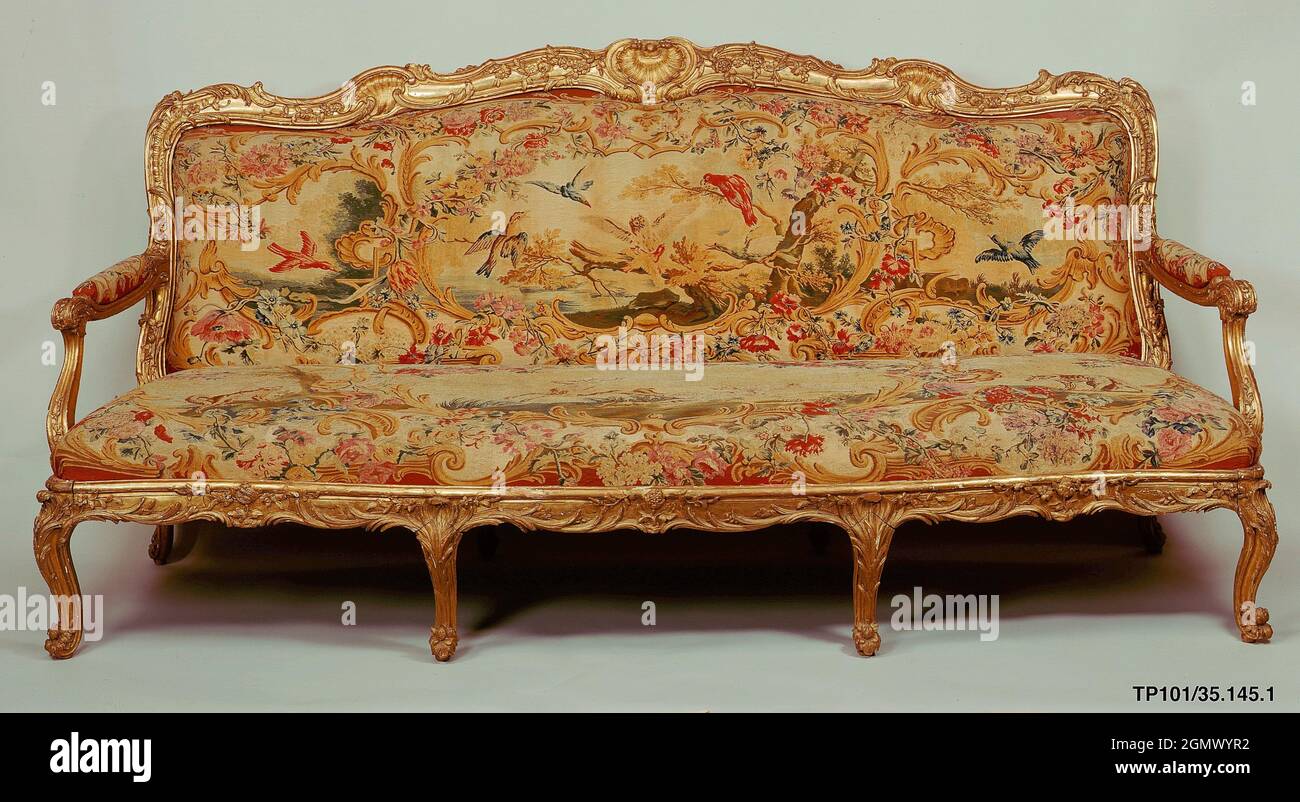 Settee (canapé) (part of a set). Maker: Frame by Nicolas-Quinibert Foliot (1706-1776, warden 1750/52); Designer: Probably after a design by Pierre Stock Photo