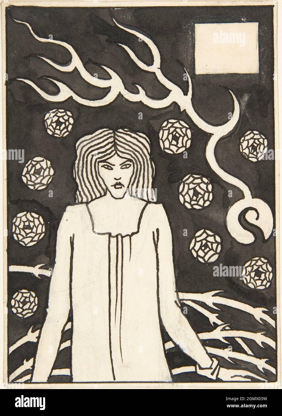 Young Woman Surrounded by Briars, Lightning and Roses (Chapter Heading for Thomas Malory, Le Morte d´Arthur, J. M. Dent 1893-94, Part III, book vi, Stock Photo