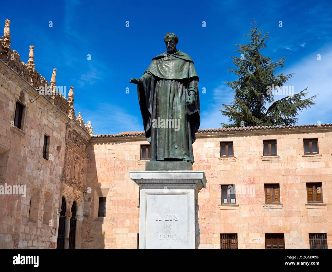 Salamanca, Spain - 13 April 2017; no people in view. Fray Luis de Leon was a famous Spanish lyric poet, Augustinian friar, theologian and academic, wh Stock Photo