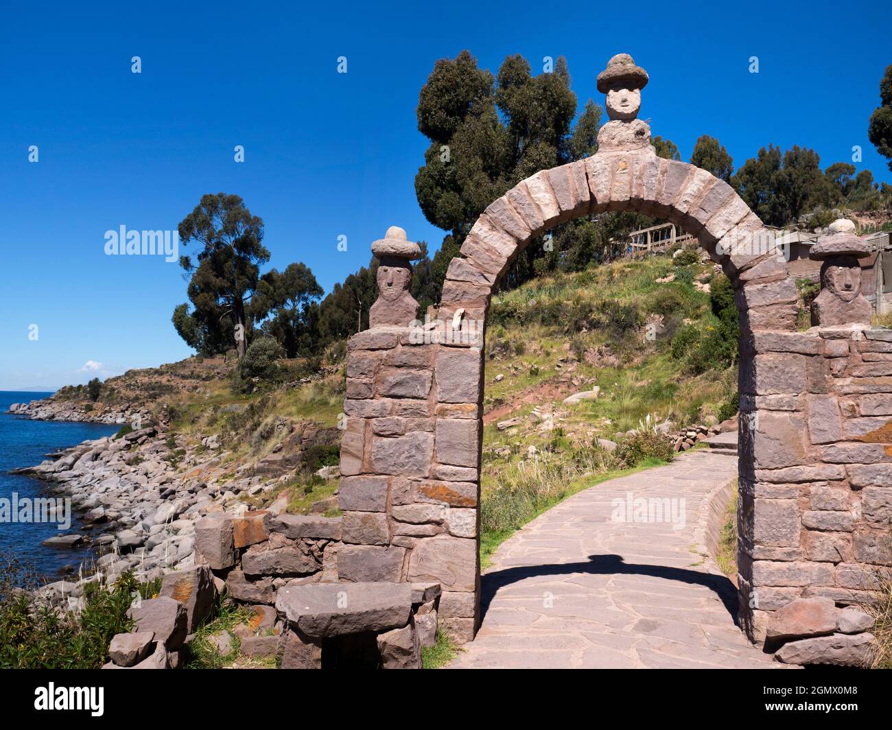 Lake Titicaca, Peru - 18 May 2018   Taquile is an island on the Peruvian side of Lake Titicaca. located some 45 km from the city of Puno. It is inhabi Stock Photo