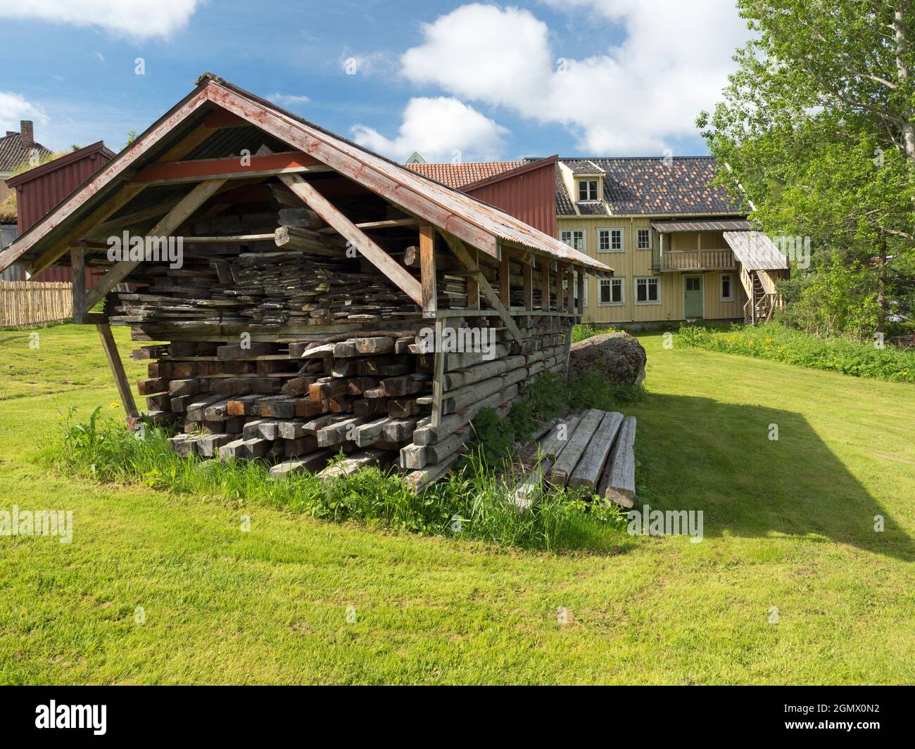 Store of winter firewood outside a traditional house in Trondheim, Norway Stock Photo