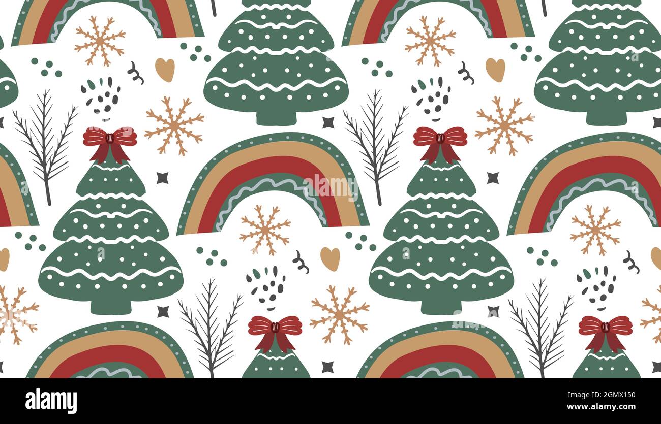 Merry Christmas Boho seamless pattern. Bohemian winter holiday repeating texture hand drawing style. Gingerbread, Snowflakes, Christmas tree. Vector Stock Vector