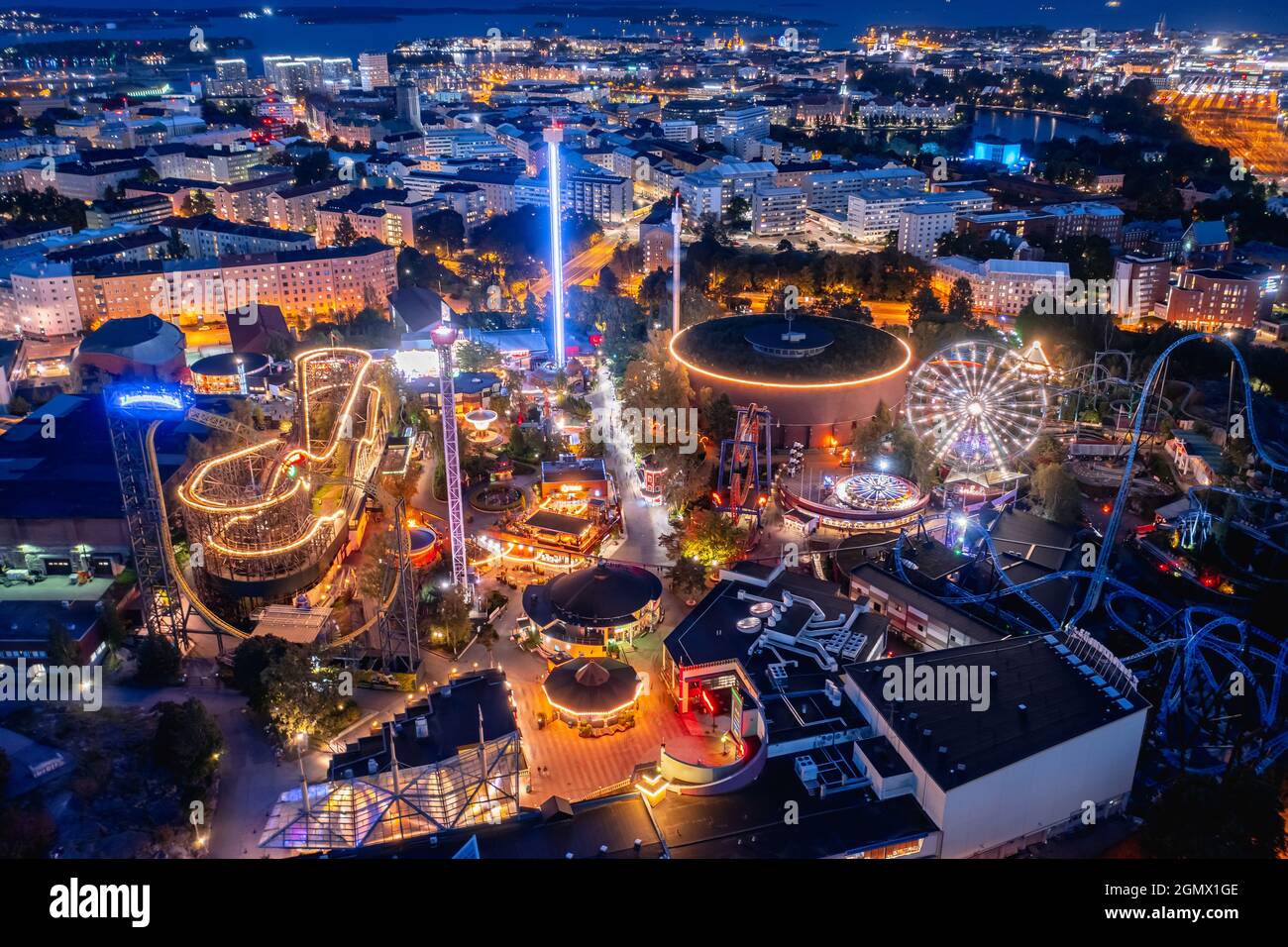 Helsinki, Finland - September 10, 2021: Aerial view of Linnanmaki amusement park Stock Photo