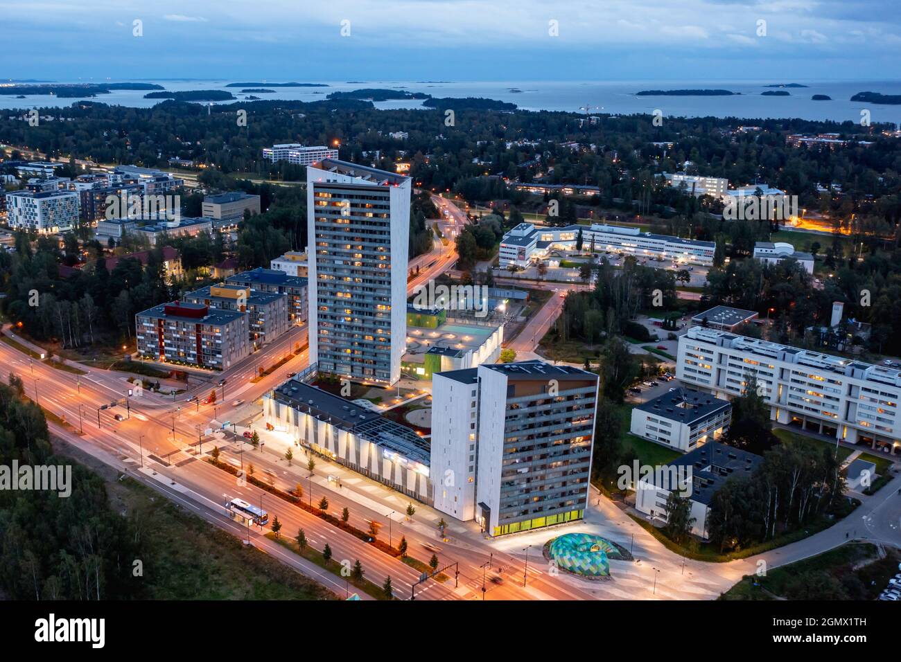Aerial view of the Niittykumpu neighborhood of Espoo, Finland. Modern