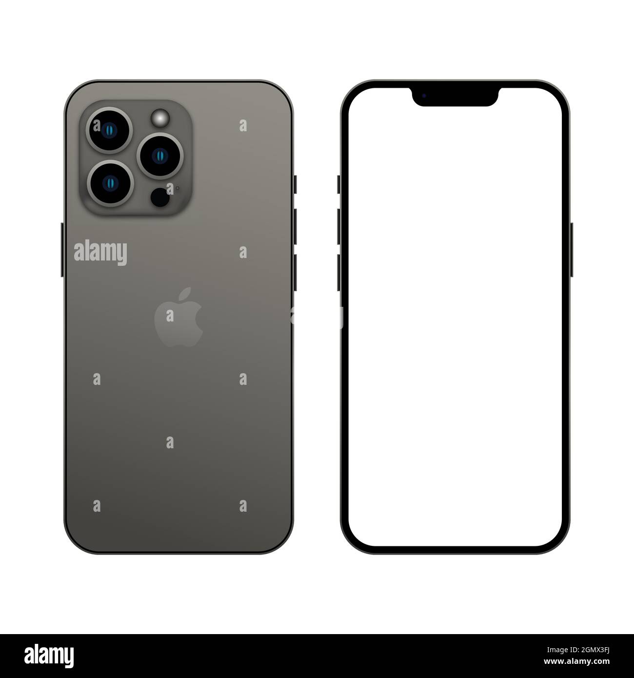 Vinnytsia, Ukraine - September 20, 2021. New iphone 13 pro graphite color, front and back side. Smartphone mock up with white screen. Illustration for Stock Vector