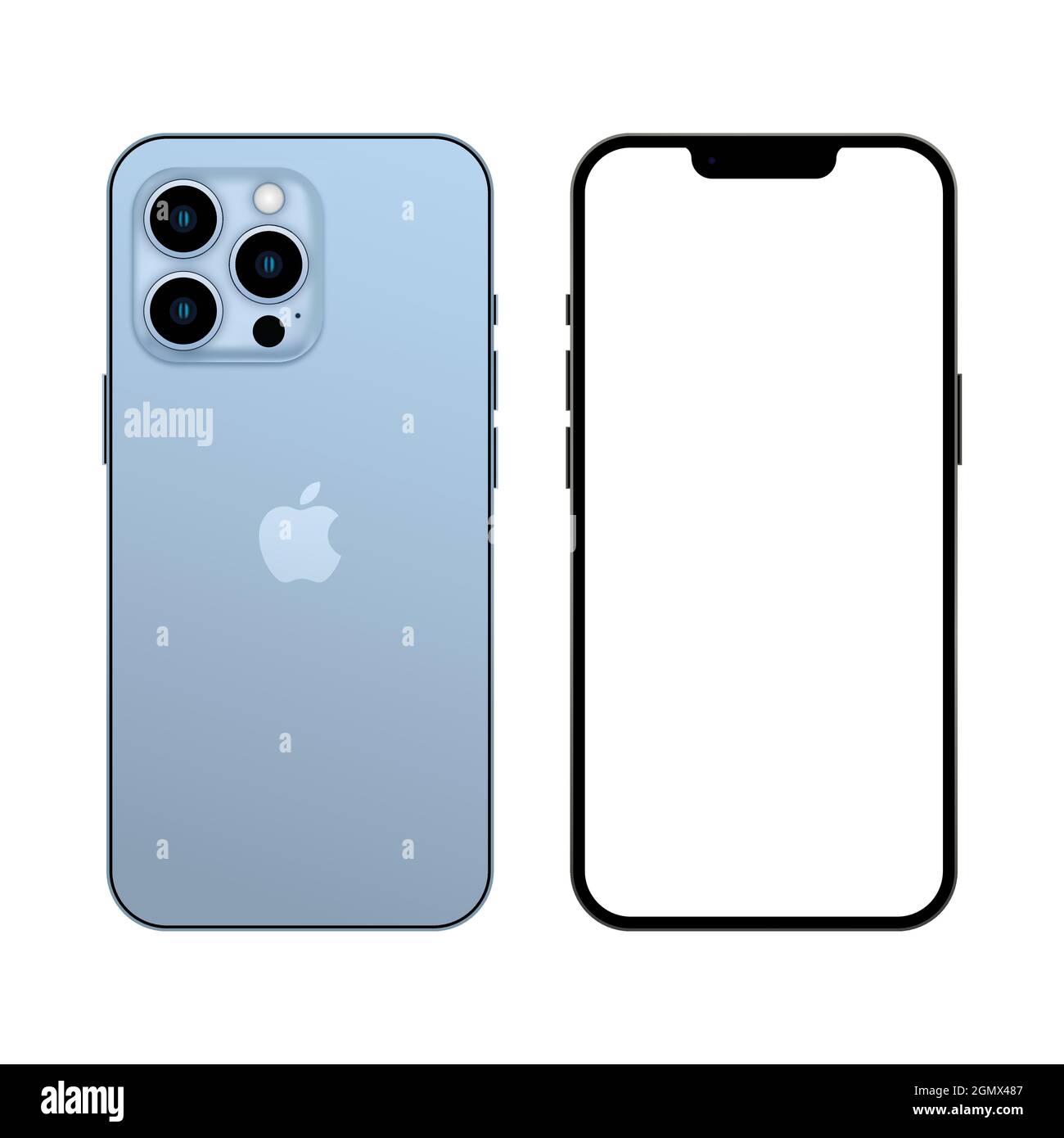 Vinnytsia, Ukraine - September 20, 2021. Newly released iphone 13 pro in sierra blue color, front and back side. Smartphone mock up with white screen. Stock Vector