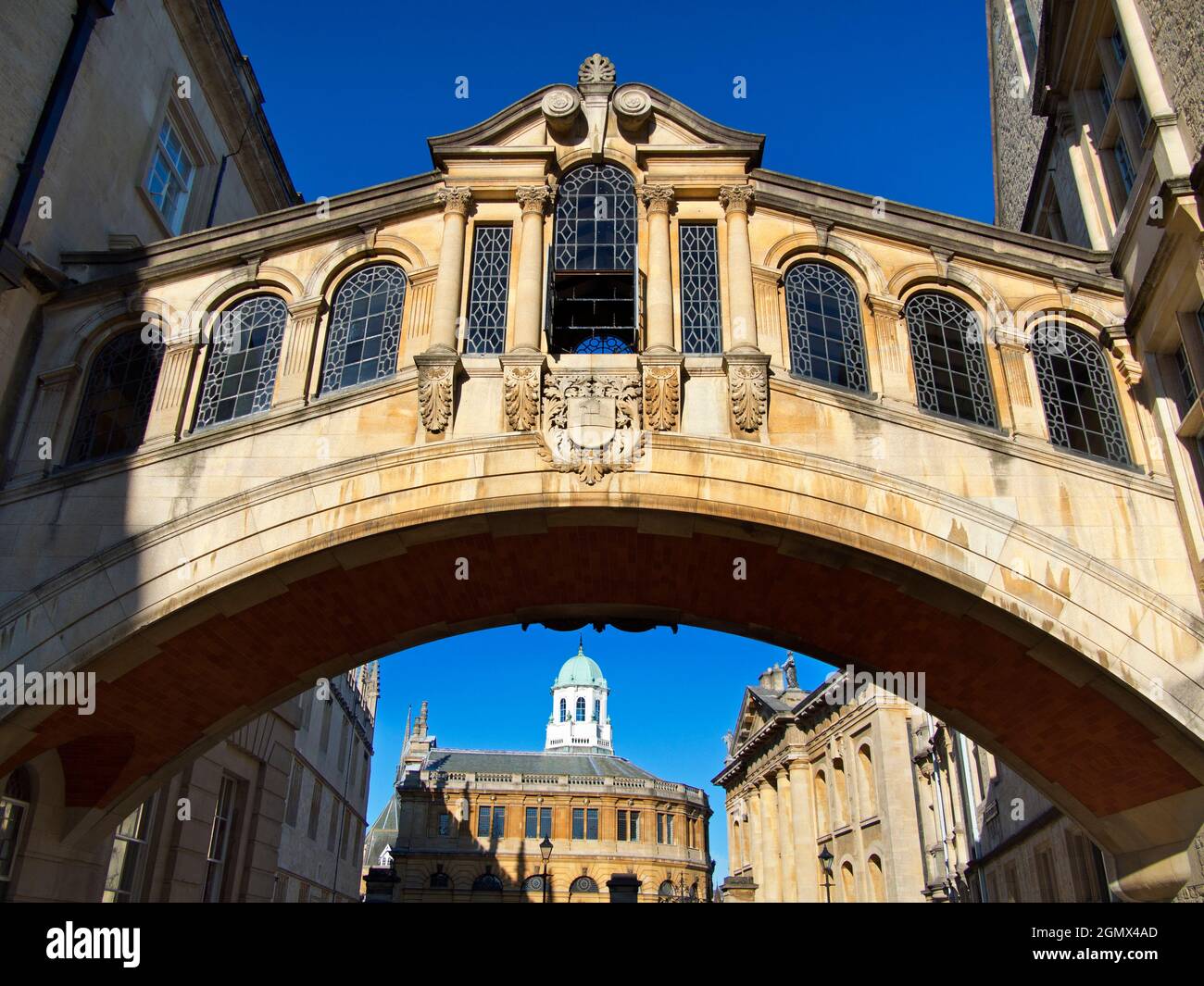 Oxford, England - 7 August 2020; One silhouetted person in view.  Linking two parts of Hertford College, Oxford, its landmark Hertford Bridge - often Stock Photo