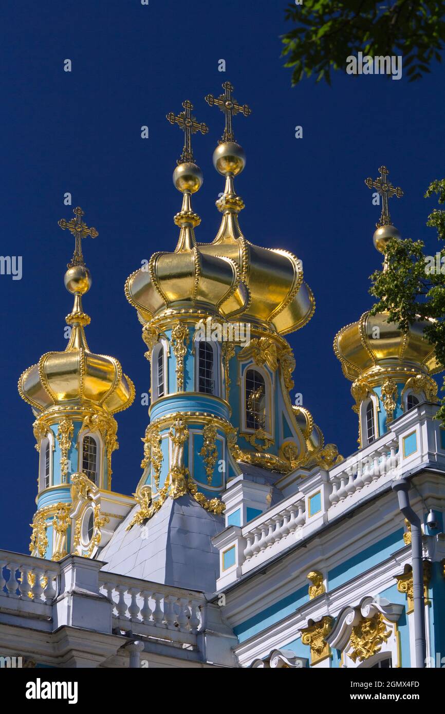 St Petersburg, Russia - 11 June 2011; no people in view. Like something from a fairy tale, the burnished onion domes of the Catherine Palace chapel gl Stock Photo