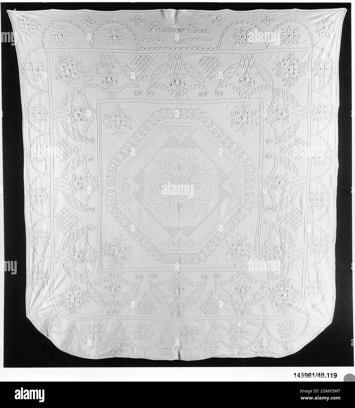 Embroidered whitework coverlet. Maker: Prudence Clark; Date: 1817; Culture: American; Medium: Cotton/linen embroidered with cotton thread; Stock Photo