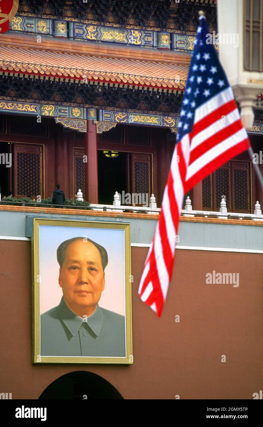 Beijing, China - April 1984 Strange juxtaposition. The United States  flag flying in Tienanmen Square Beijing during the visit of President Reagan in Stock Photo