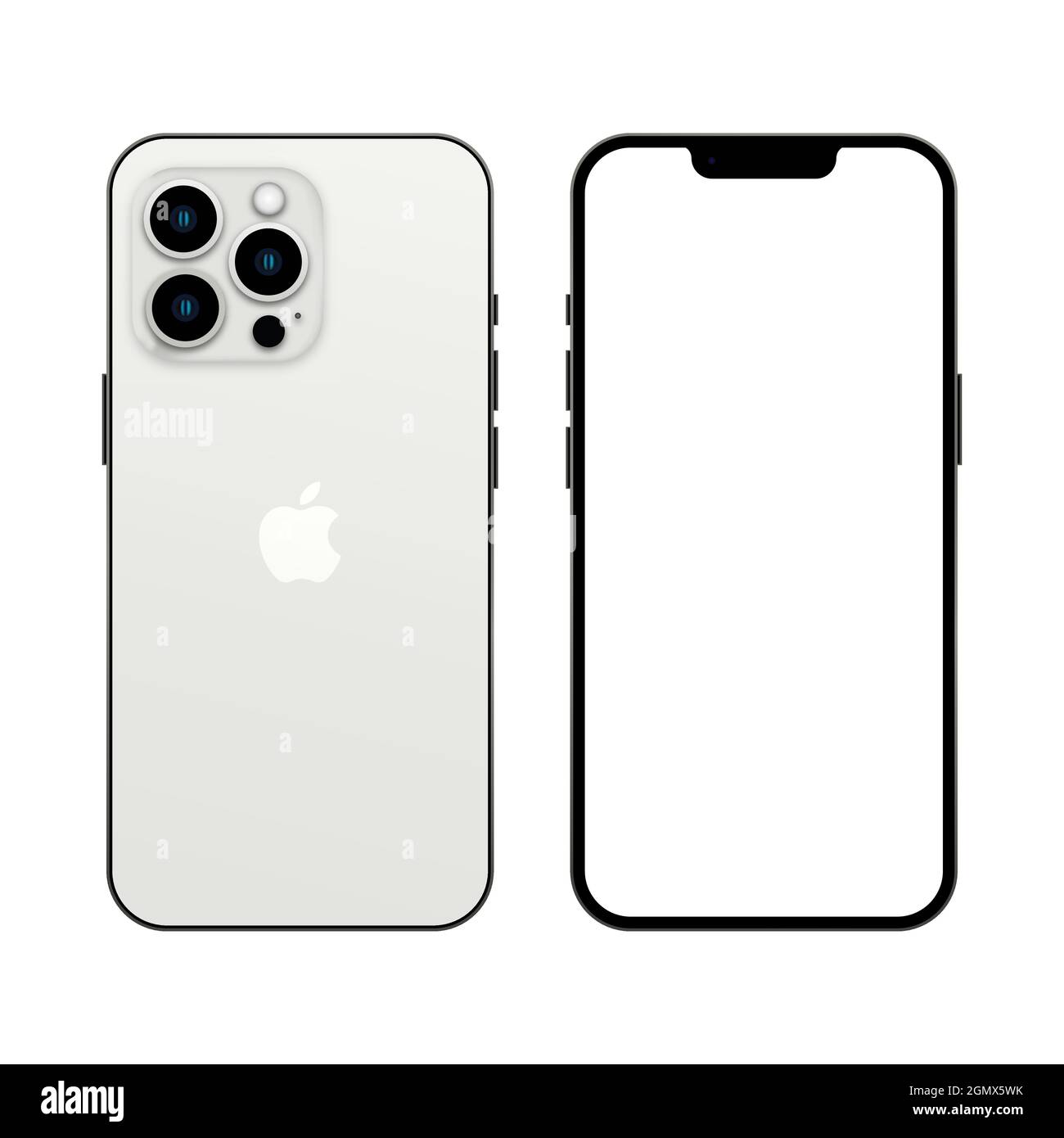 Vinnytsia, Ukraine - September 20, 2021. New iphone 13 pro silver color, front and back side. Smartphone mock up with white screen. Illustration for a Stock Vector