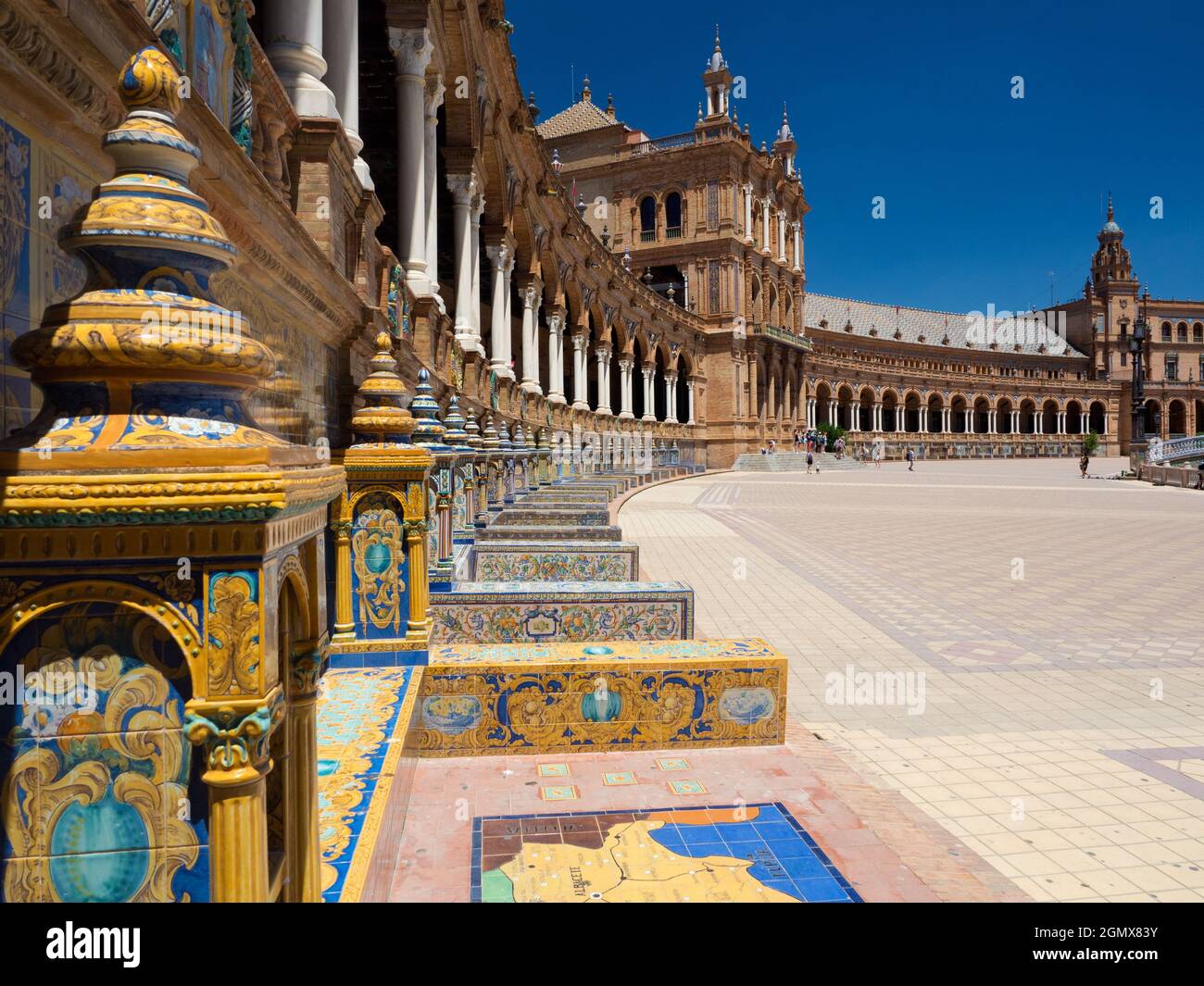 Seville, Andalucia, Spain - 31 May 2016; no people in view. Located in the Parque de Mar’a Luisa in Seville, Spain, the grandiose Plaza de Espa–a was Stock Photo