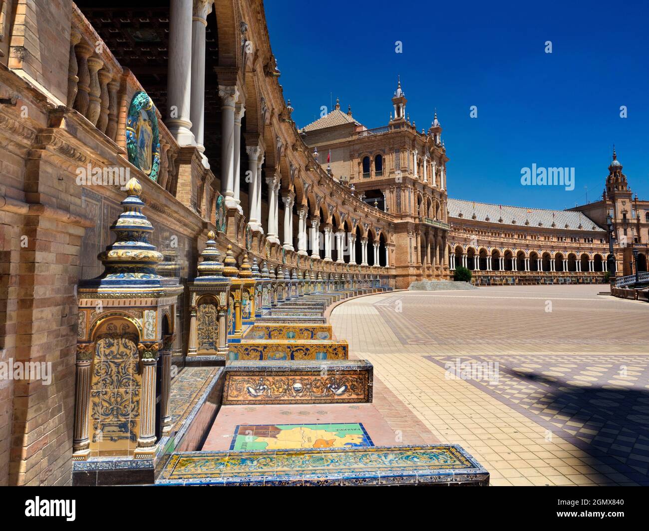 Seville, Andalucia, Spain - 31 May 2016; no people in view. Located in the Parque de Mar’a Luisa in Seville, Spain, the grandiose Plaza de Espa–a was Stock Photo