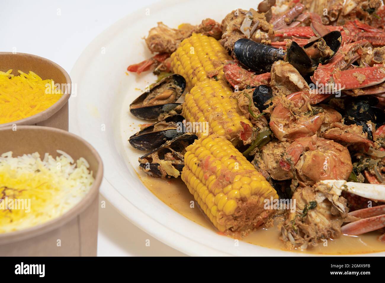 Homemade Cajun Seafood Boil with Lobster Crab and Shrimp with rice