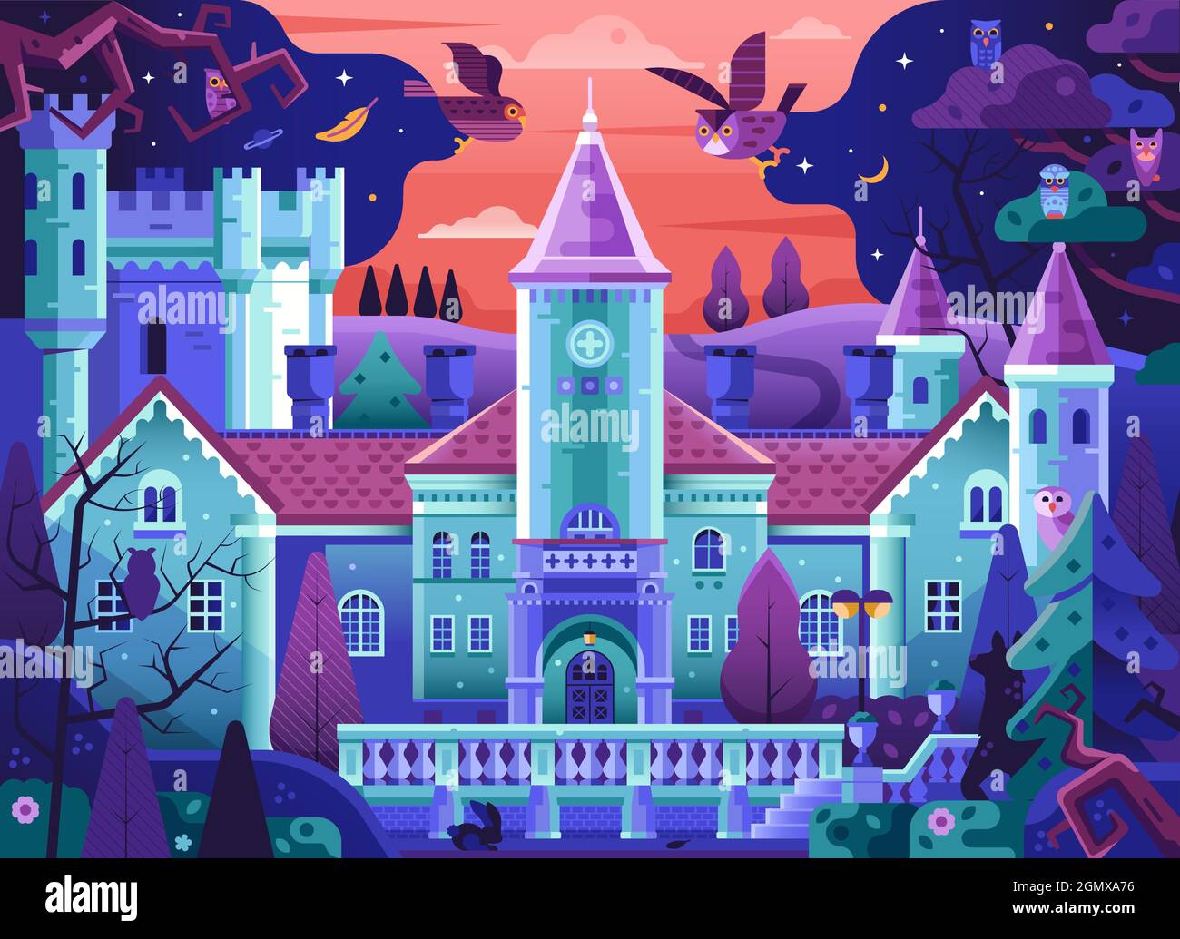 Fairy Tale Gothic Castle in Forest Scene Stock Vector
