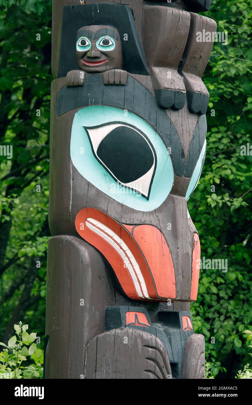 Vancouver, Canada - 28 May 2010; no people in view. One of British Columbia's most popular attractions is a group of ten totem poles at Brockton Point Stock Photo