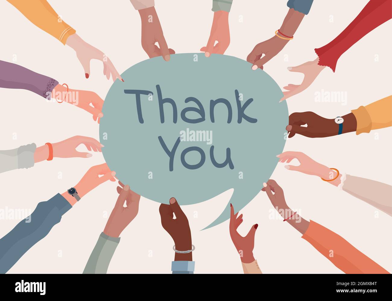 Arms and hands in a circle of multicultural and diverse people holding a speech bubble label with the text -Thank You- Teamwork.Gratitude.Appreciation Stock Vector