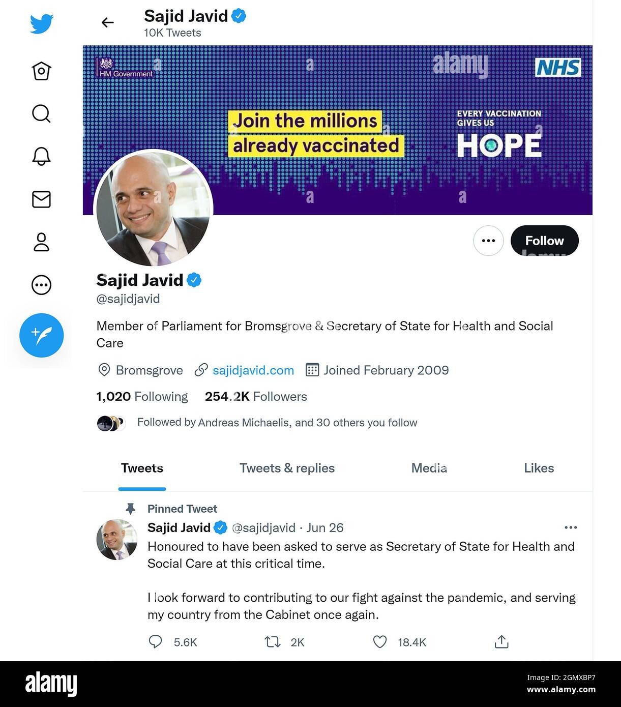 Twitter page (Sept 2021) of Sajid Javid MP, British Health Secretary Stock Photo