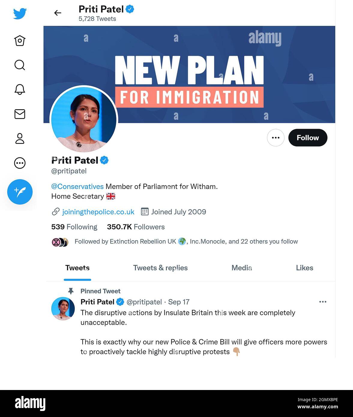 Twitter page (Sept 2021) of Priti Patel MP, British Home Secretary Stock Photo