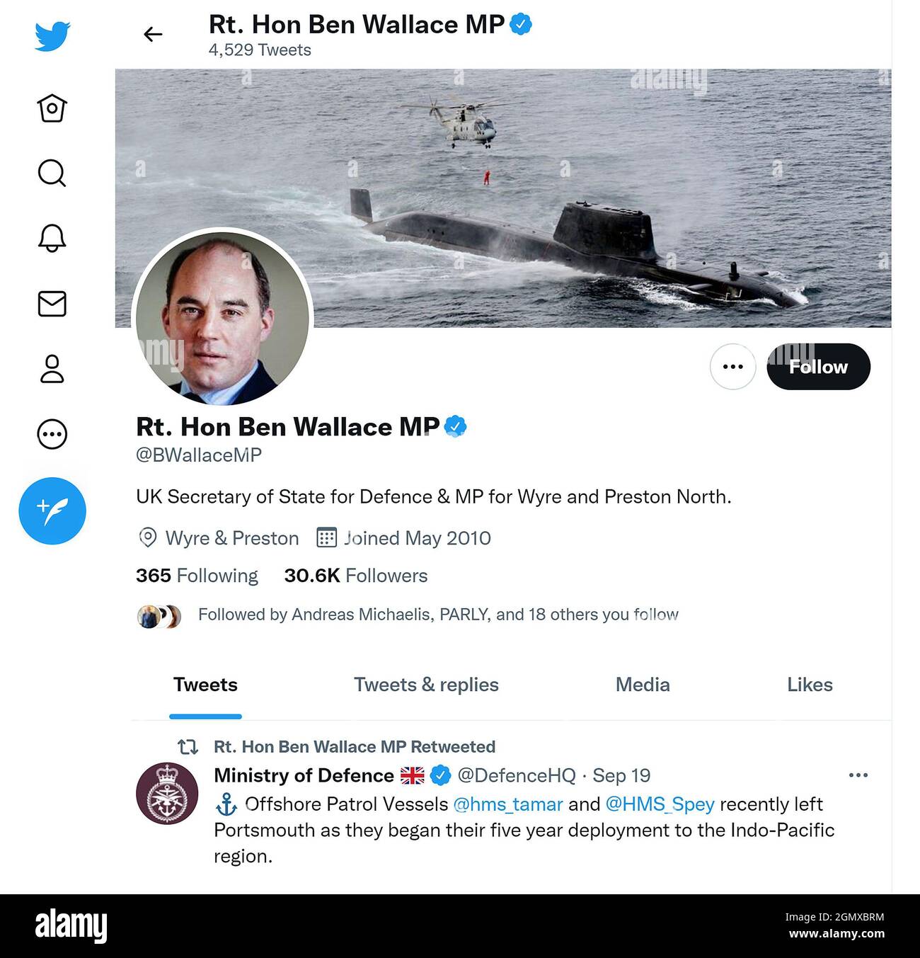 Twitter page (Sept 2021) of Ben Wallace, UK Secretary of State for Defence Stock Photo