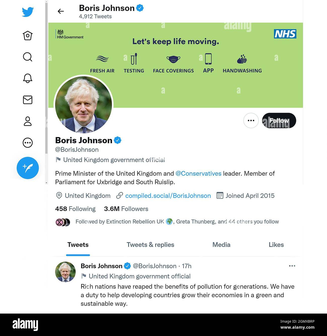 Twitter page (Sept 2021) of Boris Johnson, British Prime Minister Stock Photo