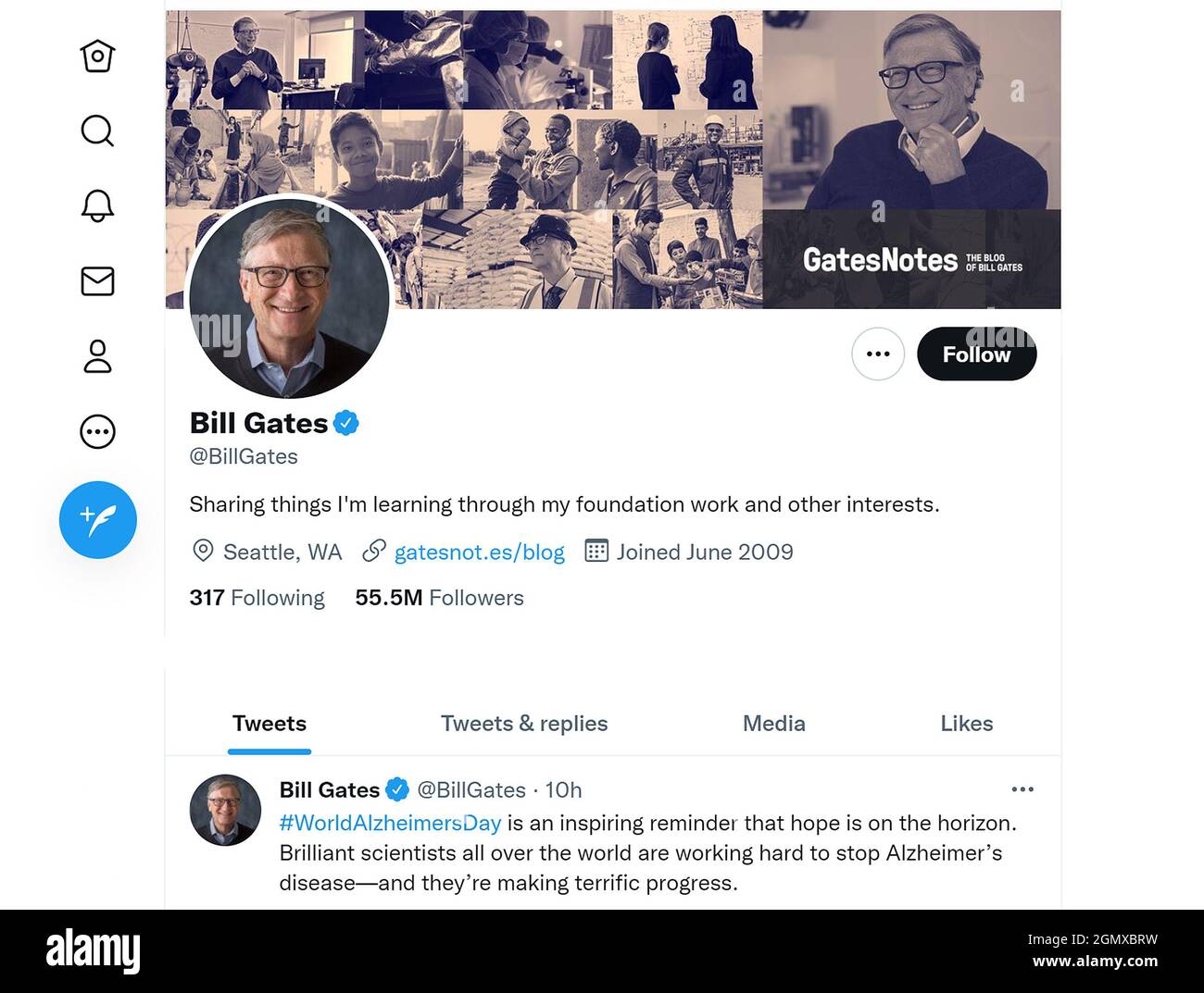Twitter page (Sept 2021) of Bill Gates Stock Photo