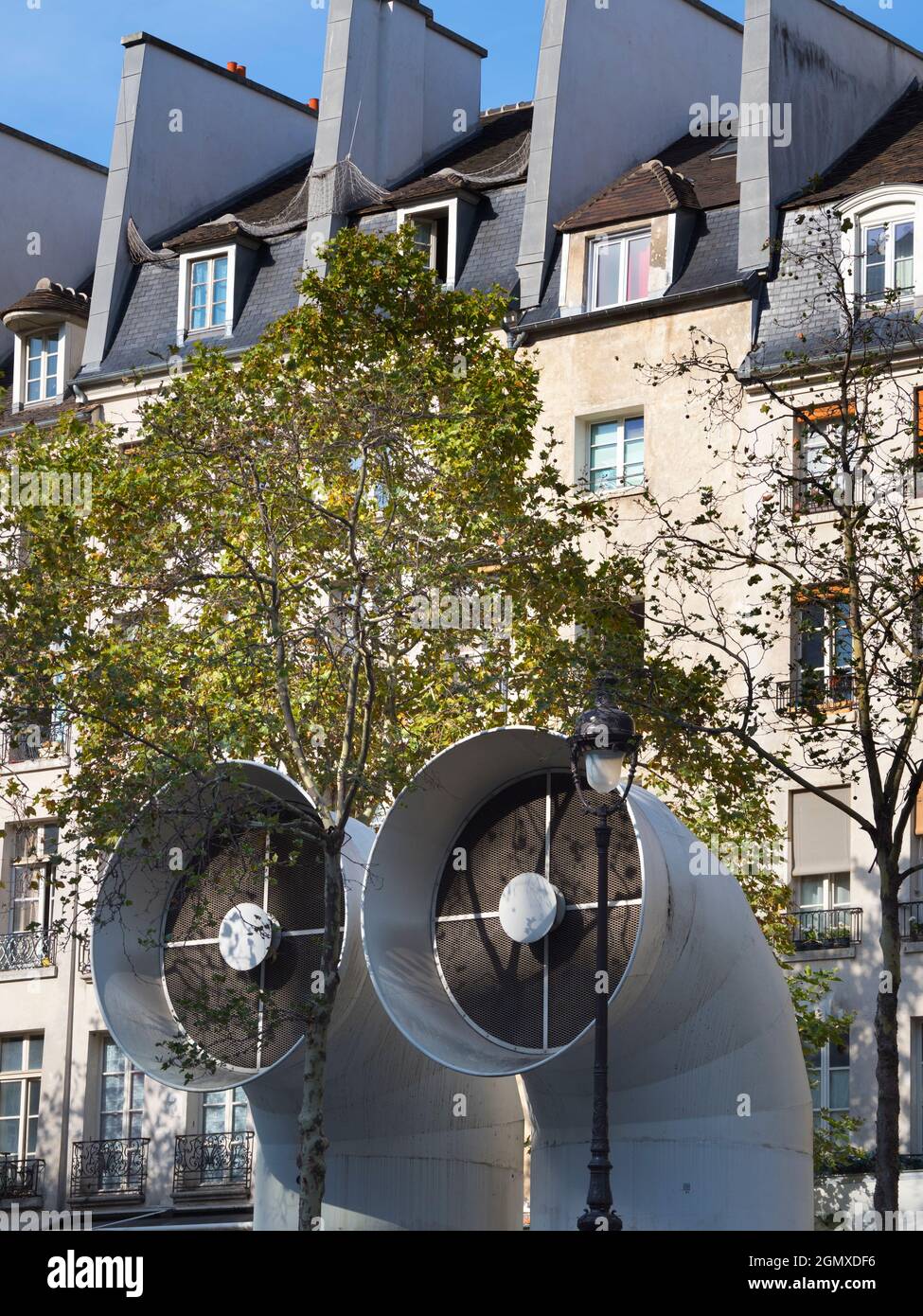 Paris, France -  September 20, 2018    Place de Pompidou adjoins the Pompidou Centre, housing all sorts of arts, entertainment and leisure facilities. Stock Photo