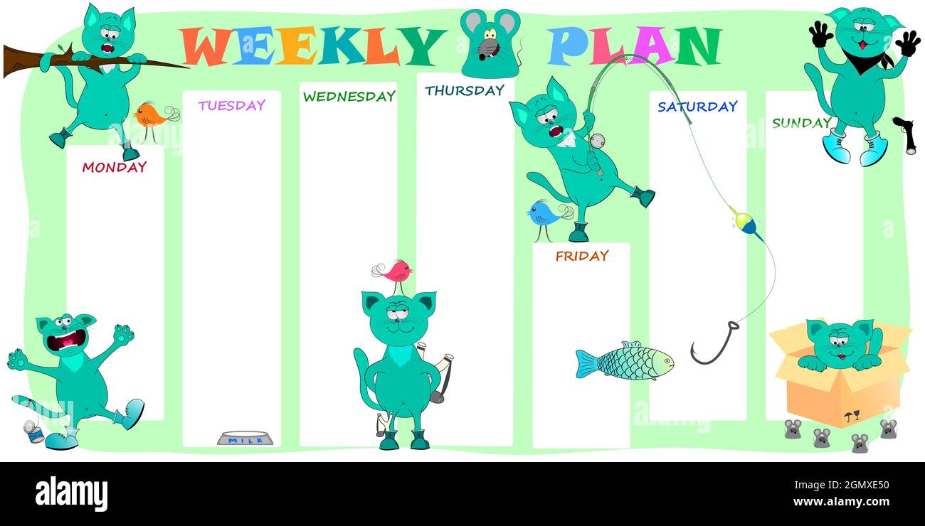 Children's weekly planner with funny cats. Vector illustration Stock ...