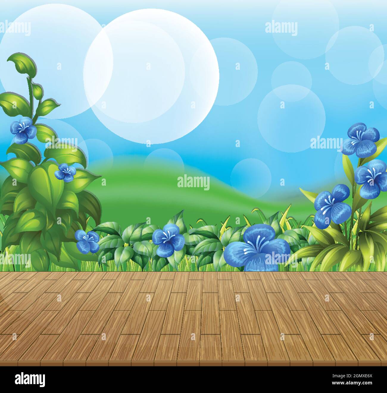 Nature background with flower field and green grass illustration Stock ...