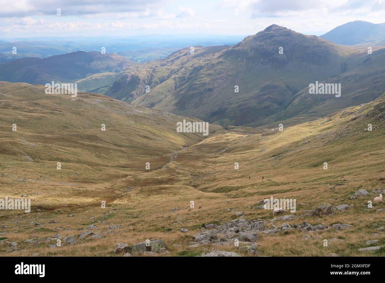 Langdale, Lake District, UK. View back from Bow Fell along the Band - the main footpath to the peak. Stock Photo