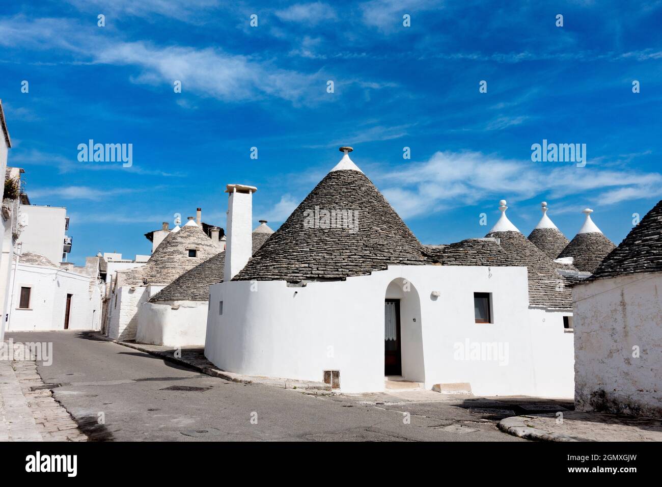 Alberobello, Italy - 10 April 2018 Albeloberro is a small town close to Bari in Southern Italy. Its main claim to fame are its tiny and unique trulli Stock Photo