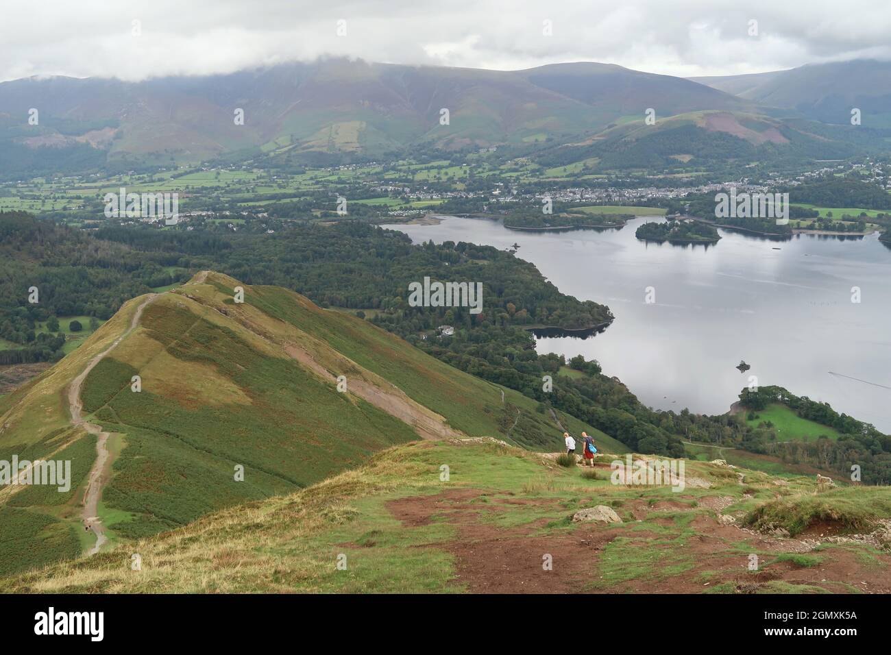 Cat Bells, Lake District, UK. A popular ridge path crowded with walkers ...
