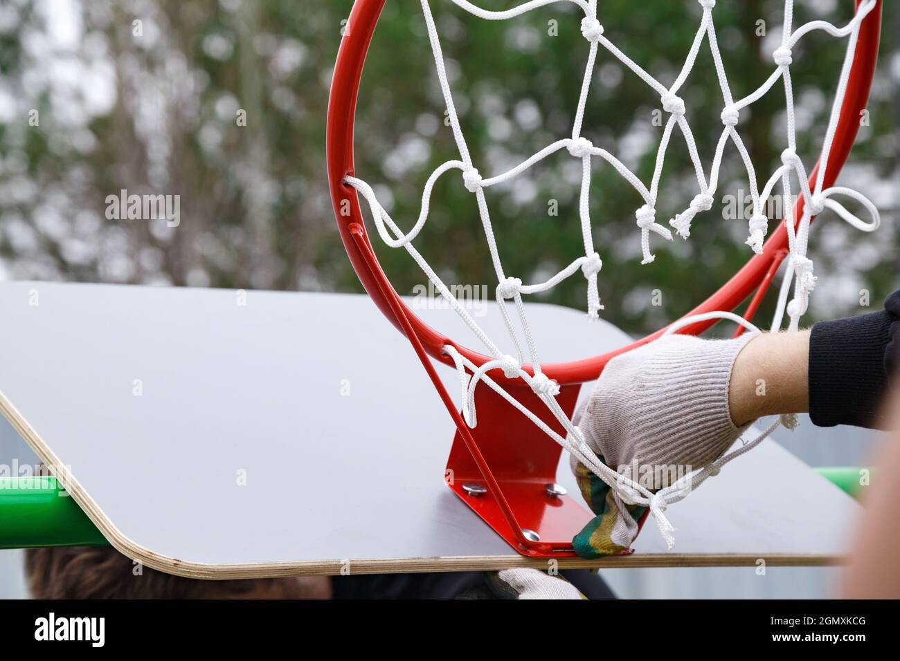 Photo of the basketball ring installation in cloudy day in the summer Stock Photo