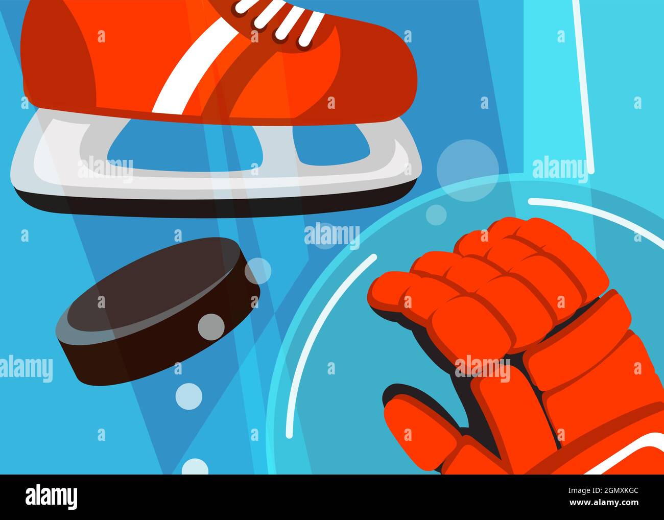 Hockey banner with skates and gloves. Sport placard design in cartoon