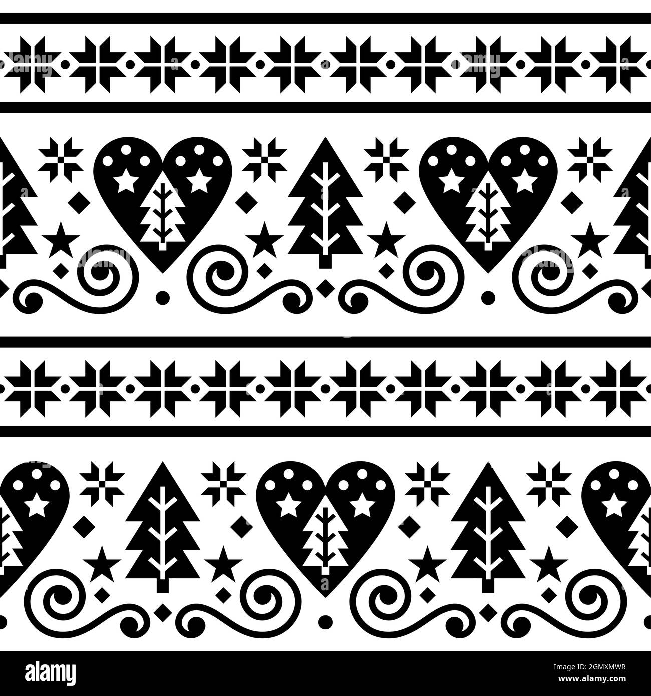 Scandinavian Christmas folk seamless vector pattern, repetitive floral cute Nordic design with Christmas trees, snowflakes and hearts in black on whit Stock Vector