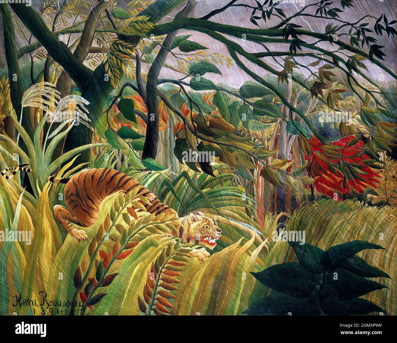 Henri Rousseau's Tiger in a Tropical Storm (1891) famous painting. Stock Photo